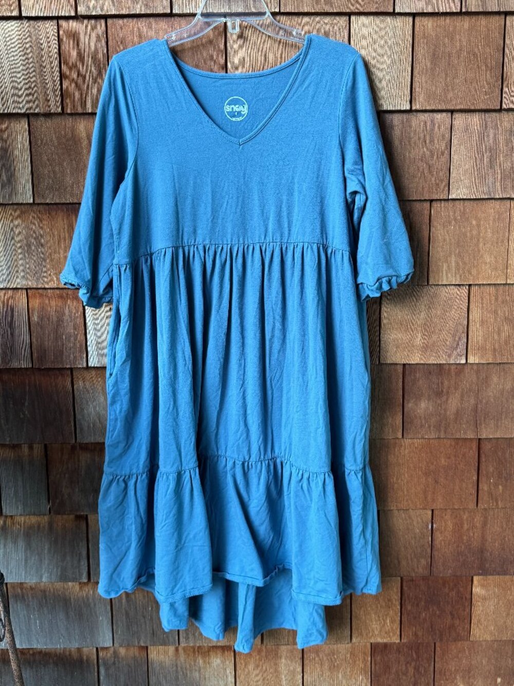 SNAG Dusty Blue Short Sleeve Tiered A-Line Peasant Dress in Women's X-Large